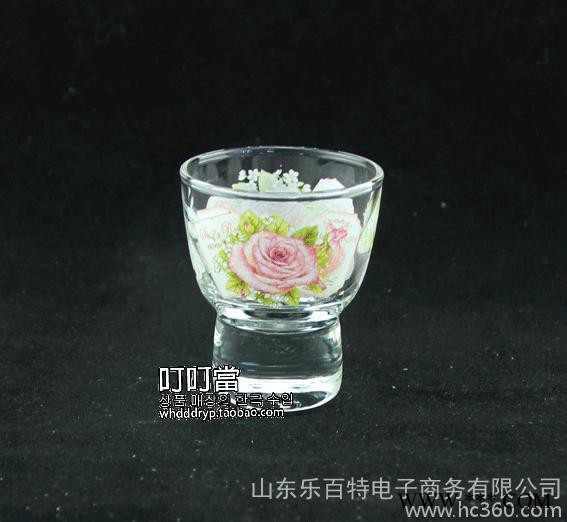 韩国粉玫瑰印花玻璃厚底白酒杯烈酒杯小酒杯