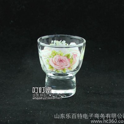 韩国粉玫瑰印花玻璃厚底白酒杯烈酒杯小酒杯