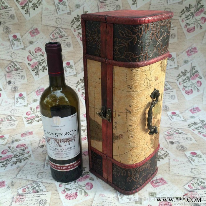 义乌仿古欧式复古红酒木盒 Wooden box 厂家批发 PU红酒木盒包装义乌  红酒包装盒 双支装 红酒箱 葡萄酒礼图2