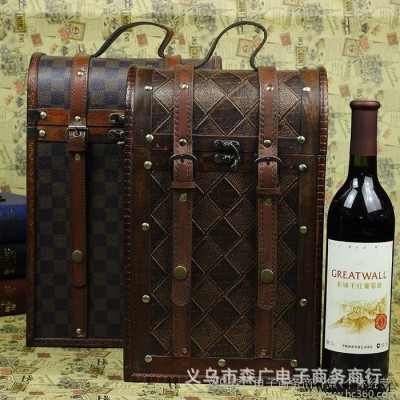 复古葡萄酒包装盒 复古包装盒现货 红酒包装盒双支装 **义乌仿古创意 欧式复古 红酒木盒 Wooden box 红酒