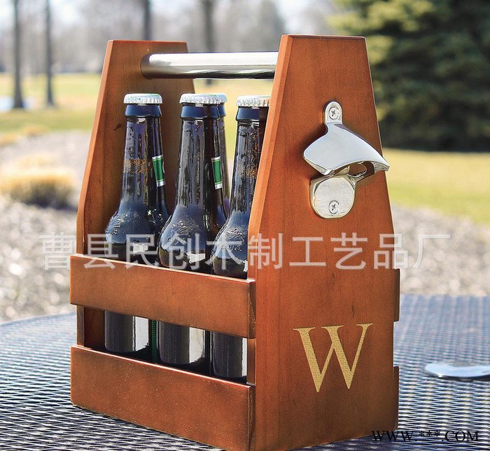 定做木质手提酒架 带开瓶器木制啤酒提图3