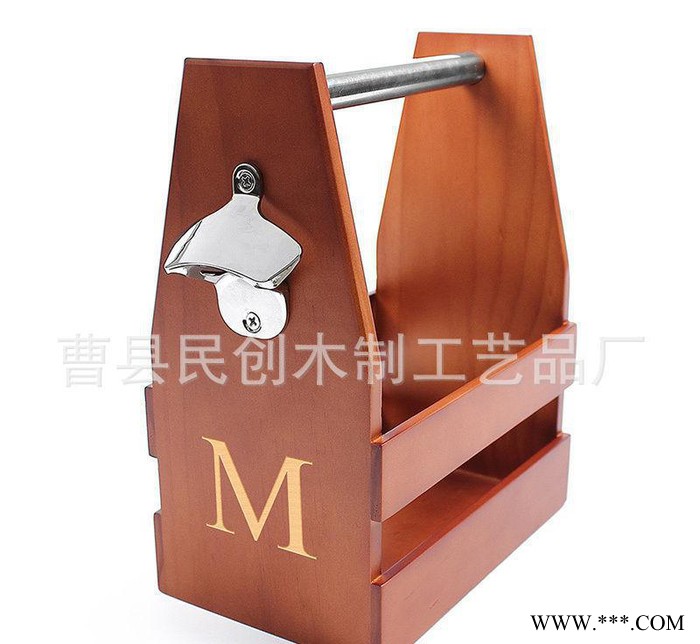 定做木质手提酒架 带开瓶器木制啤酒提图2