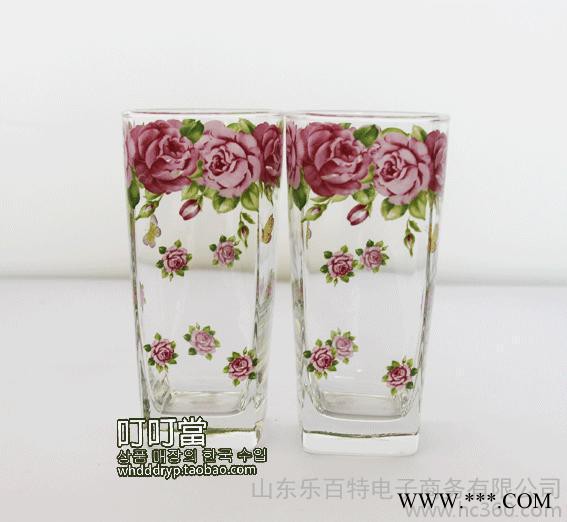 韩国进口玫瑰花玻璃方杯耐热水杯茶杯凉水杯啤酒杯
