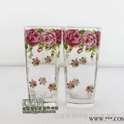 韩国进口玫瑰花玻璃方杯耐热水杯茶杯凉水杯啤酒杯