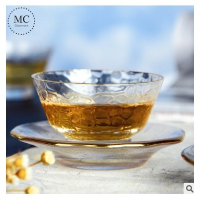 日式锤纹玻璃品茗杯描金水晶透明耐热茶杯功夫茶具个人小茶杯六角