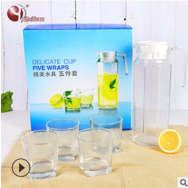 透明玻璃冷水壶凉水壶果汁壶玻璃冷水壶八角水具五件套