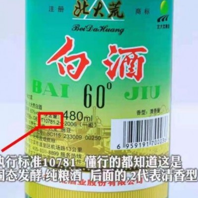 直供北大荒白酒60度高度清香型白酒480MLx12瓶整箱一件代发