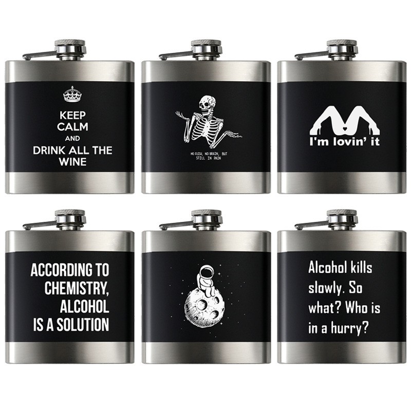 6OZ黑色不锈钢金属酒壶瓶镭射激光刻字英文字母English Hip Flask图2